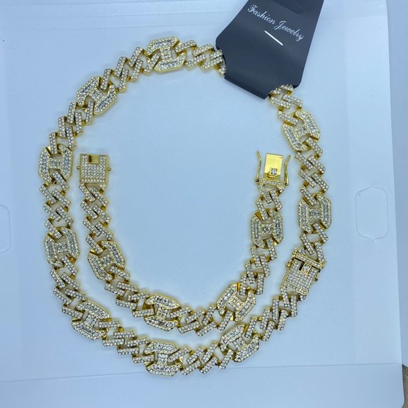 18K Plated Iced Out CZ Crystal Cuban Link Chain with Bracelet SET Gold - Picture 2 of 8